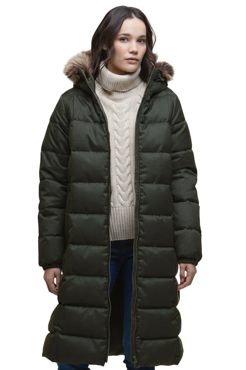 Olive quilted puffer jacket in three-quarter view with faux-fur trimmed hood