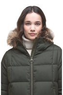 Olive quilted puffer jacket close-up with front zipper and faux-fur hood trim