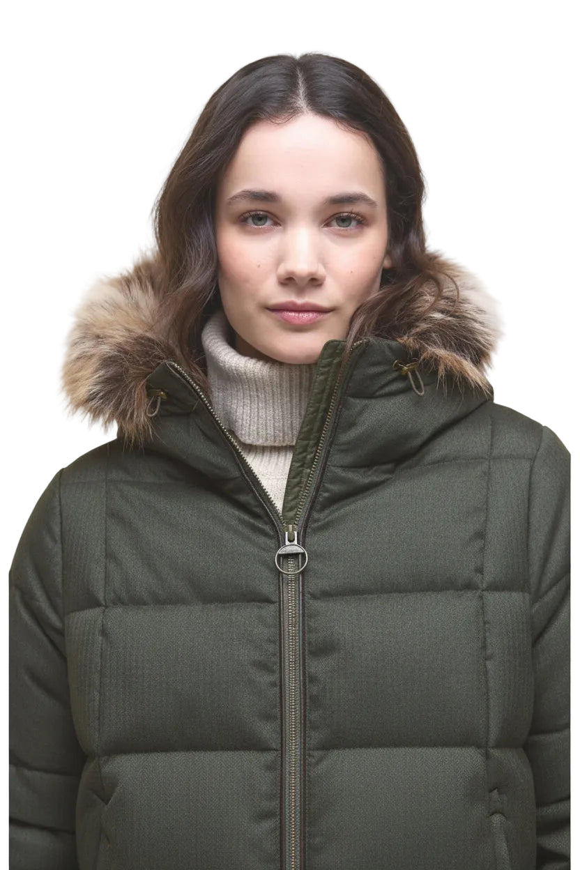 Olive quilted puffer jacket close-up with front zipper and faux-fur hood trim