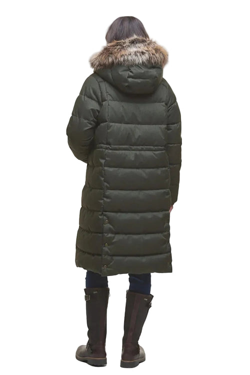 Olive quilted puffer jacket back view with raised hood and faux-fur trim