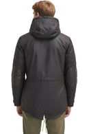 Men's dark hooded wax parka, back view with hem cinch and drawstring cords.