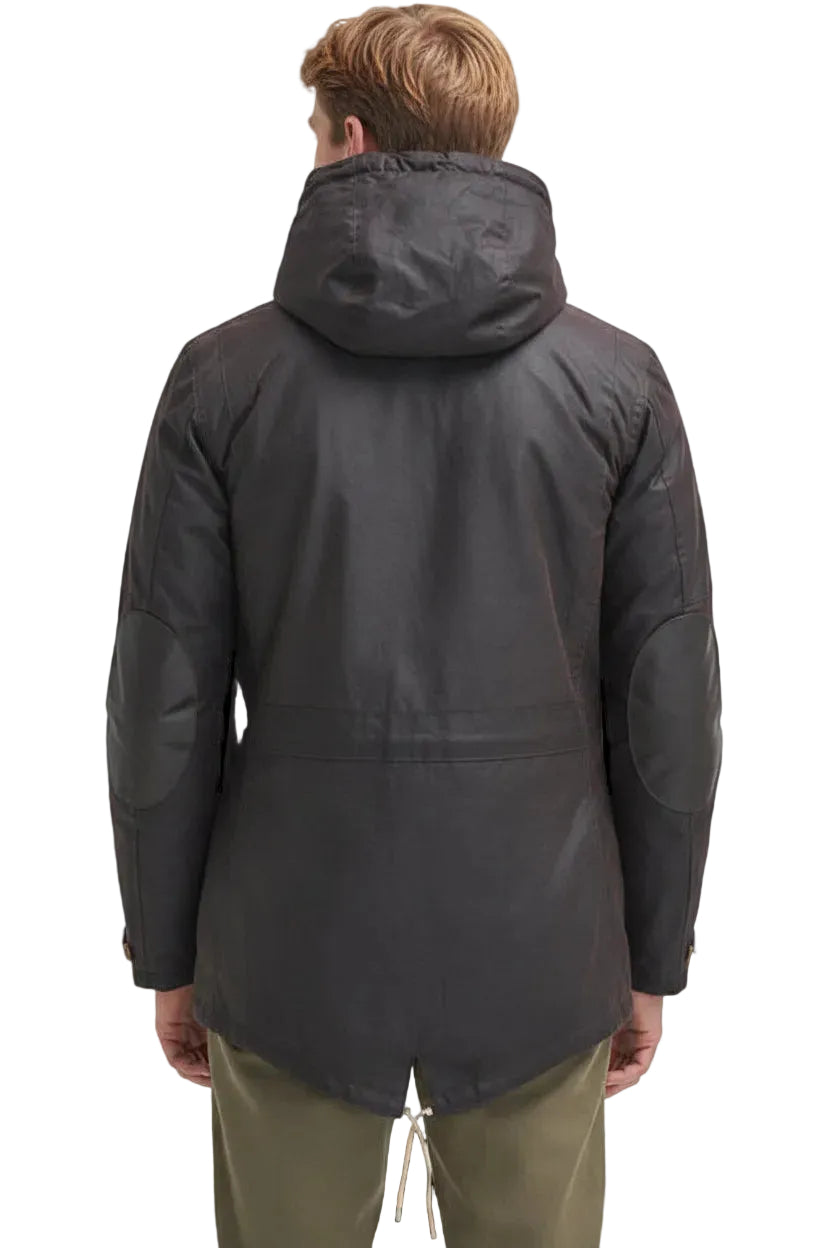 Men's dark hooded wax parka, back view with hem cinch and drawstring cords.