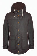 Men's dark hooded wax parka front view with snap placket and flap side pockets.