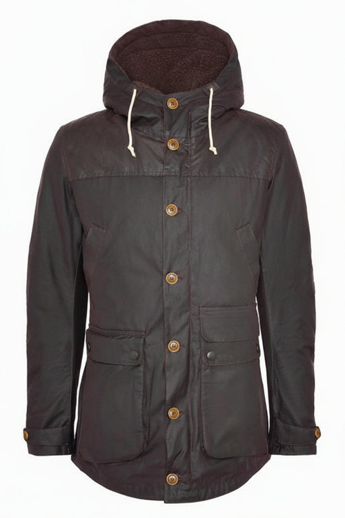 Men's dark hooded wax parka front view with snap placket and flap side pockets.