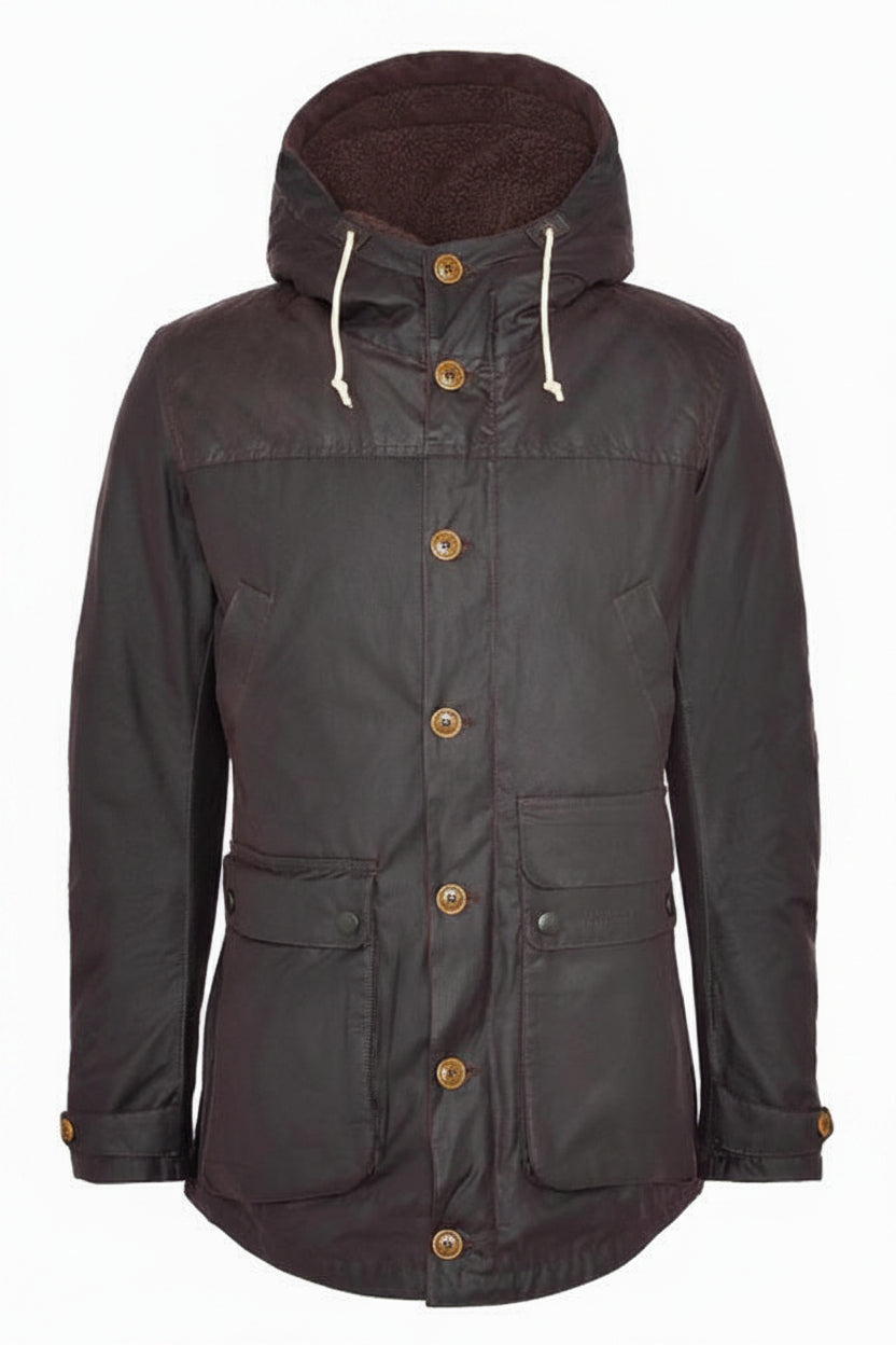 Men's dark hooded wax parka front view with snap placket and flap side pockets.