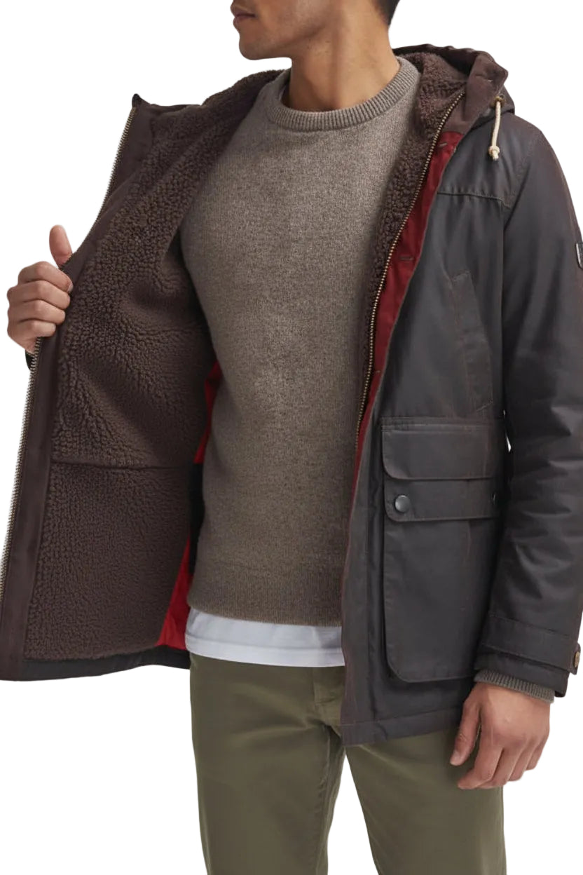 Men's dark parka with hood lining, zip front, and two utility flap pockets.