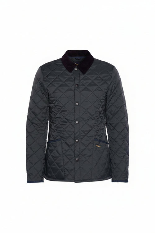 Men's black quilted jacket, front view, stand collar with snap buttons and Barbour logo
