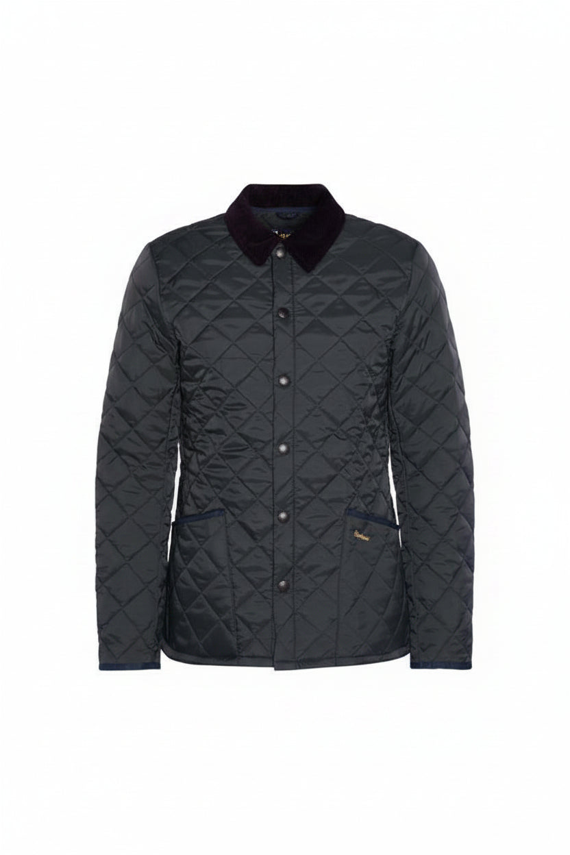 Men's black quilted jacket, front view, stand collar with snap buttons and Barbour logo