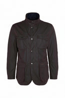 Men's Barbour wax jacket in dark brown with button front, chest flap pockets, stand collar.