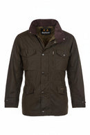 Men's olive wax jacket with dark inner hood/collar lining and front button closure
