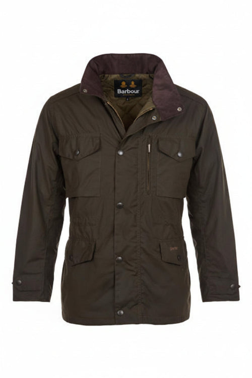 Men's olive wax jacket with dark inner hood/collar lining and front button closure