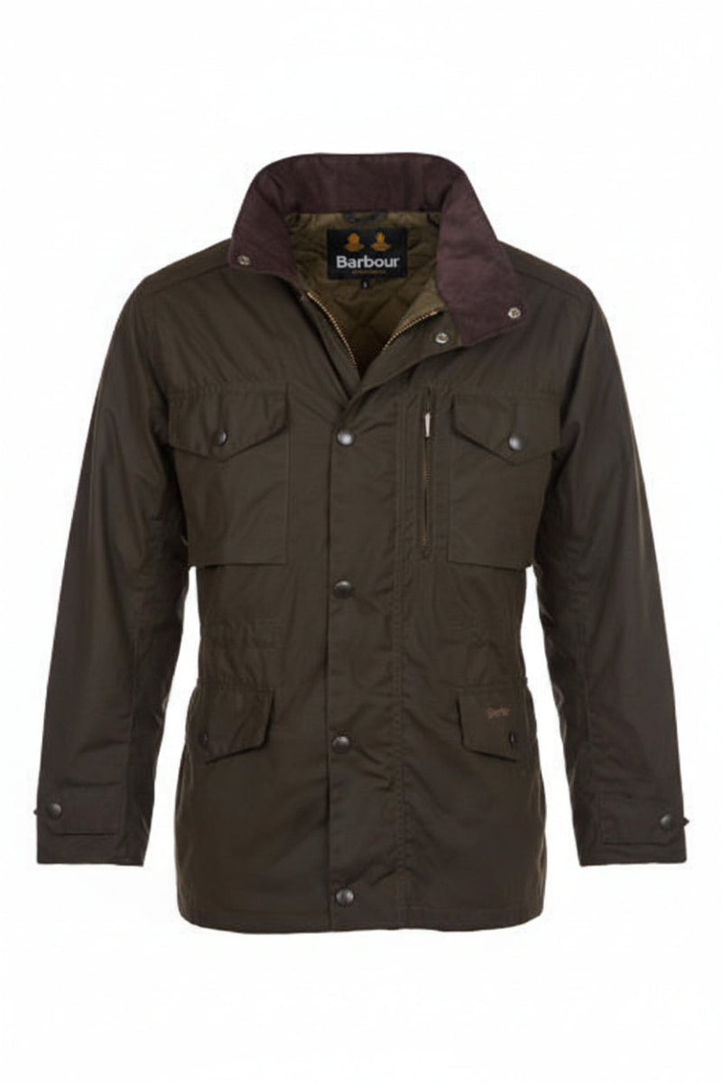 Men's olive wax jacket with dark inner hood/collar lining and front button closure