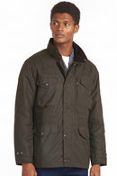 Men's olive wax jacket front view with stand collar, flap pockets, and button front