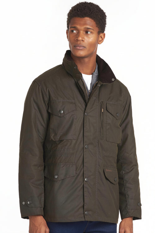 Men's olive wax jacket front view with stand collar, flap pockets, and button front