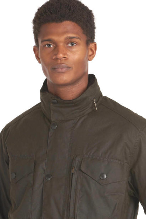 Men's olive wax jacket with stand collar, button front, and flap chest pockets