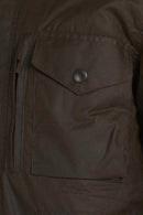 Men's olive wax jacket front pocket with flap and dark button