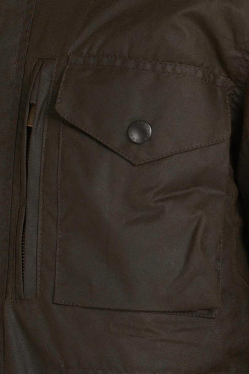 Men's olive wax jacket front pocket with flap and dark button