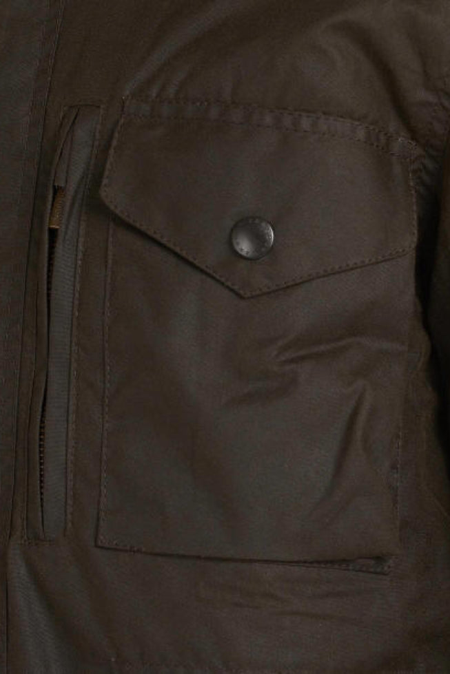 Men's olive wax jacket front pocket with flap and dark button