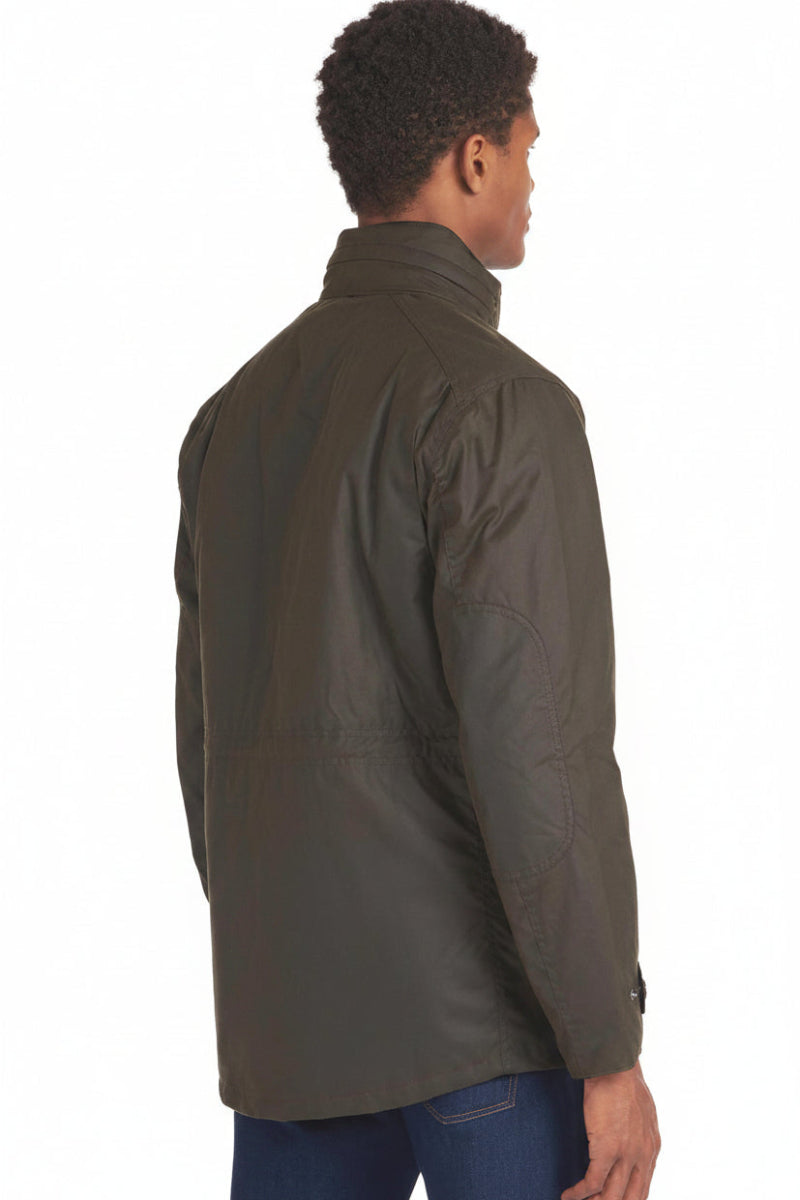Men's olive wax jacket side view with button front and flap pocket