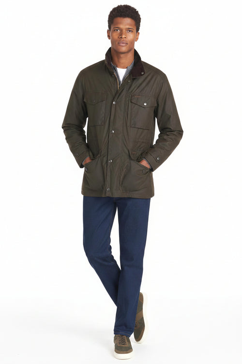 Men's olive wax jacket with button front, stand collar, and chest pocket flaps