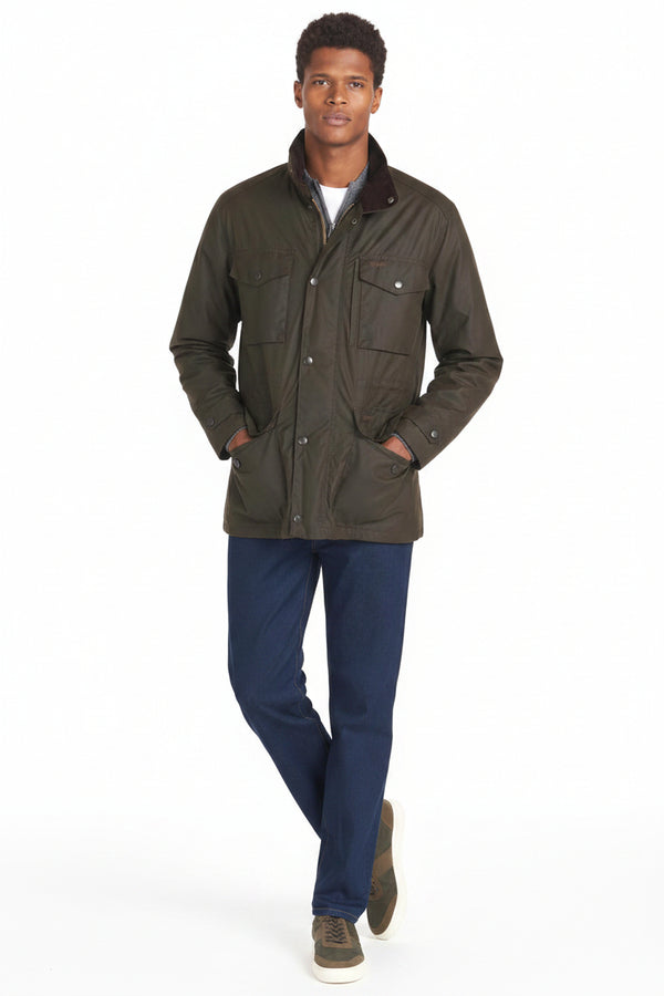 Men's olive wax jacket with button front, stand collar, and chest pocket flaps