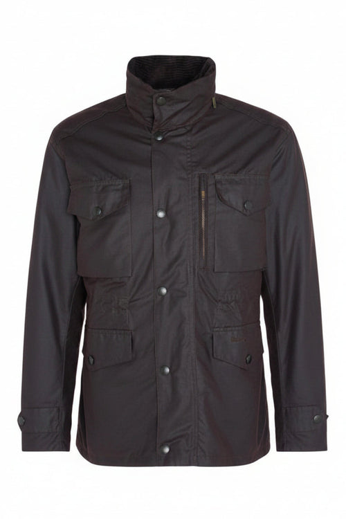 A barbour sapper wax rustic jacket with a high stand-up collar, button-front closure, and multiple flap pockets, shown on a plain white background.
