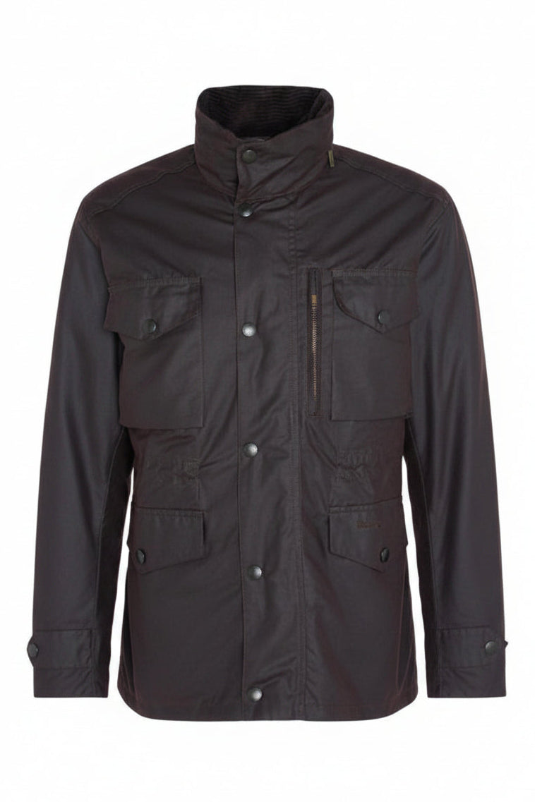 A barbour sapper wax rustic jacket with a high stand-up collar, button-front closure, and multiple flap pockets, shown on a plain white background.