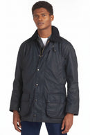 Navy men's wax-cotton coat with stand collar, concealed zip, and button front