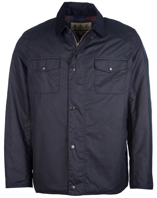 Men's Barbour waxcotton jacket in navy, front close-up with button placket and two chest pockets