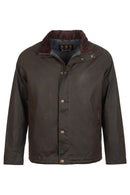 Men's wax jacket in dark olive, snap-front with corded collar and stand neck.