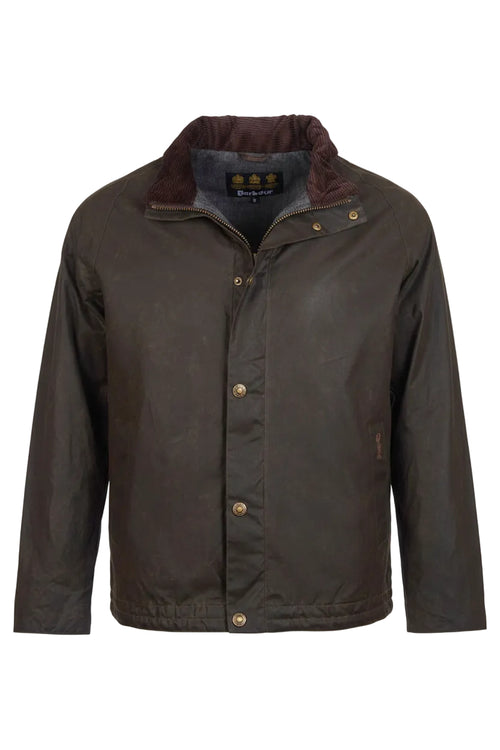 Men's wax jacket in dark olive, snap-front with corded collar and stand neck.