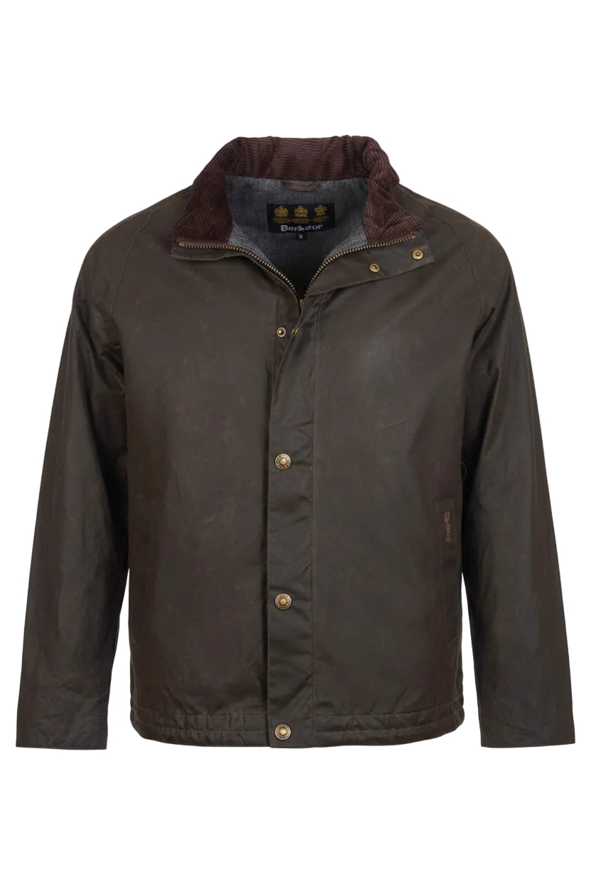 Men's wax jacket in dark olive, snap-front with corded collar and stand neck.