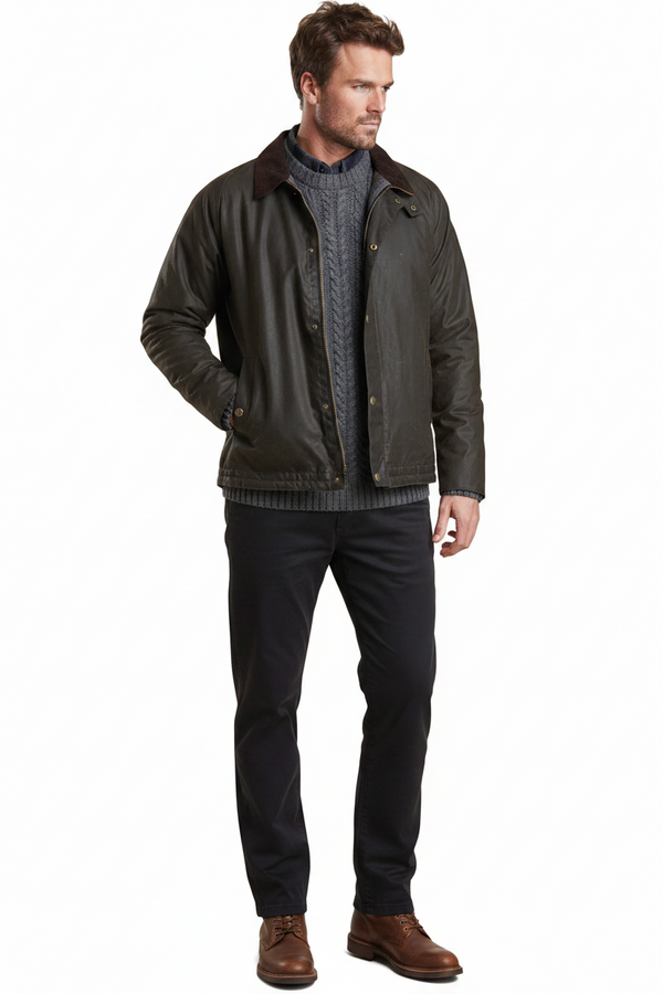 Men's wax jacket, dark olive with ribbed knit cuffs and hem, front snap closure.