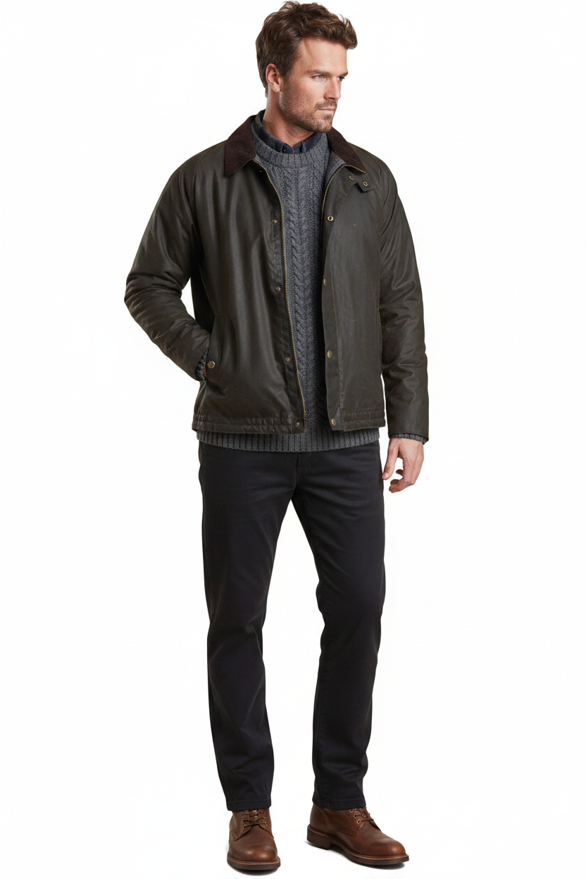Men's wax jacket, dark olive with ribbed knit cuffs and hem, front snap closure.