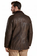 Men's dark-brown leather jacket, back view with center seam and vented hem