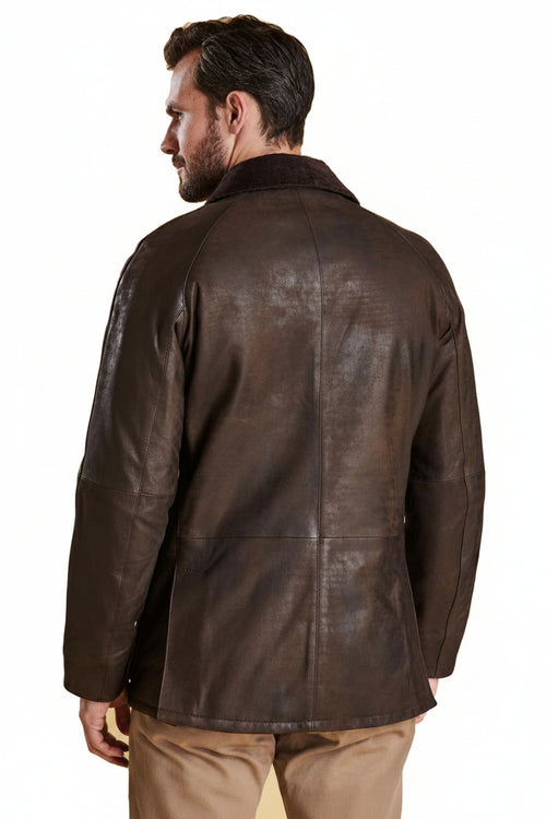 Men's dark-brown leather jacket, back view with center seam and vented hem