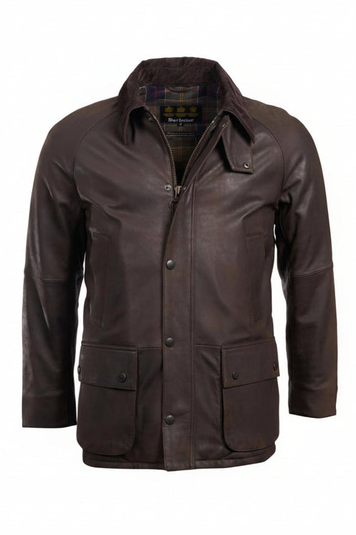 Men's dark-brown leather jacket, button front with flap chest pockets