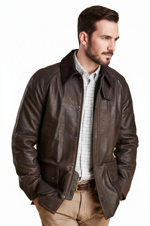 Men's dark-brown leather jacket, button front with snap-flap chest pockets
