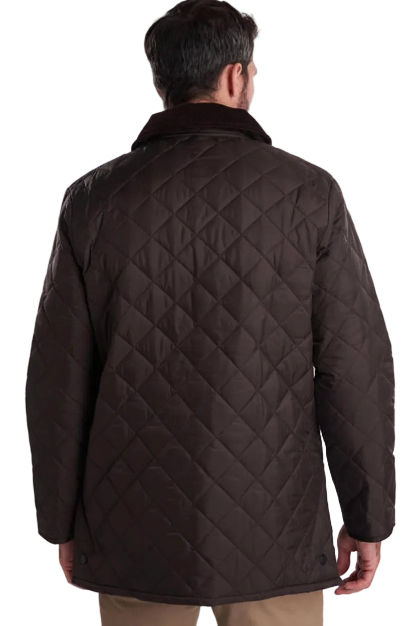 Men's dark brown quilted jacket with stand collar, back view