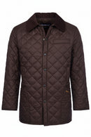 Barbour quilted jacket on hanger in dark brown with cord collar and button front