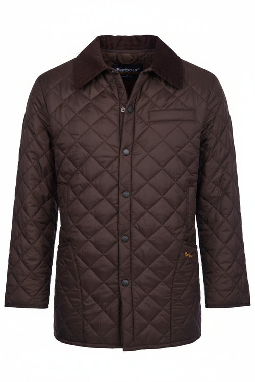 Barbour quilted jacket on hanger in dark brown with cord collar and button front