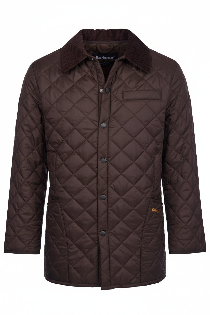 Barbour quilted jacket on hanger in dark brown with cord collar and button front