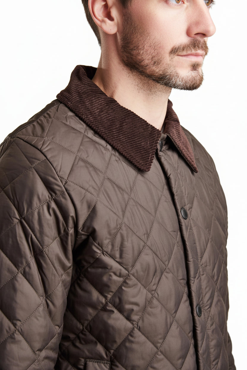 Men's dark brown quilted jacket with cord collar and button front