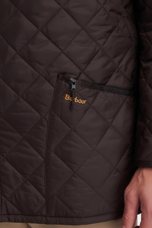 Quilted Barbour jacket in dark brown with button placket and chest logo
