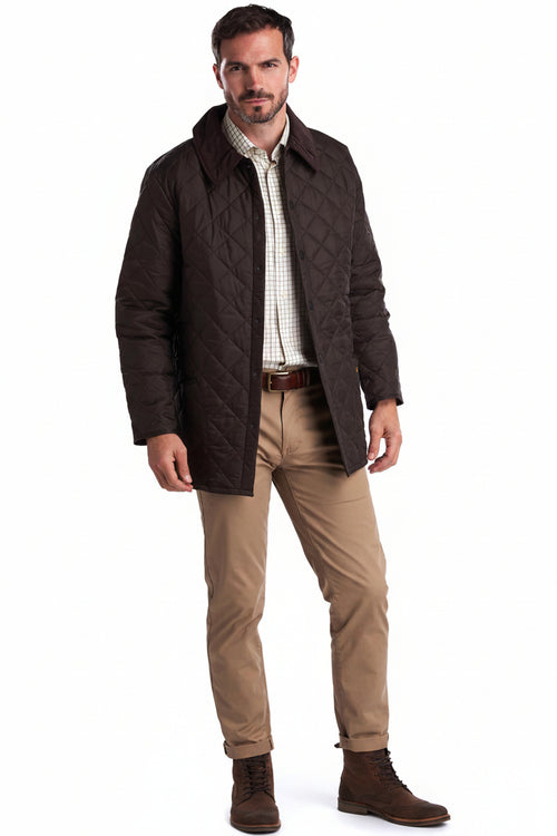 Men's dark brown quilted Barbour jacket with cord collar and button front