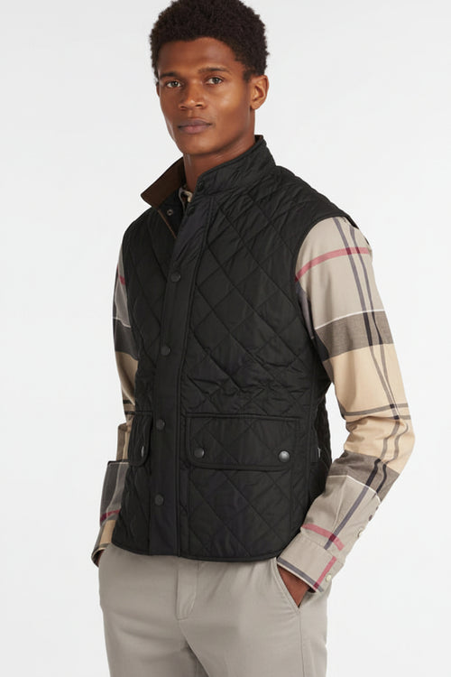 Black Barbour Lowerdale gilet on model, front close, stand collar