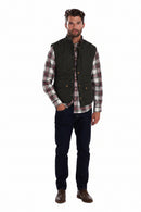 Men's quilted gilet vest, dark button front, stand collar, two chest pockets