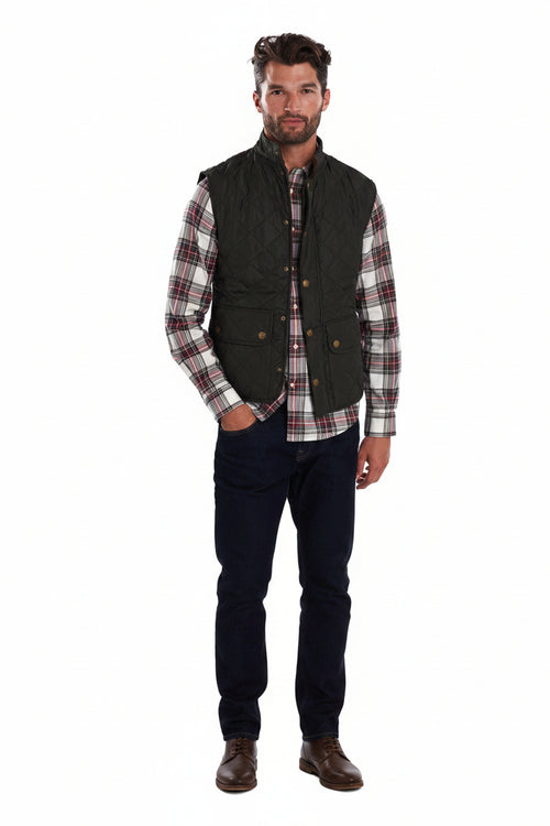 Men's quilted gilet vest, dark button front, stand collar, two chest pockets
