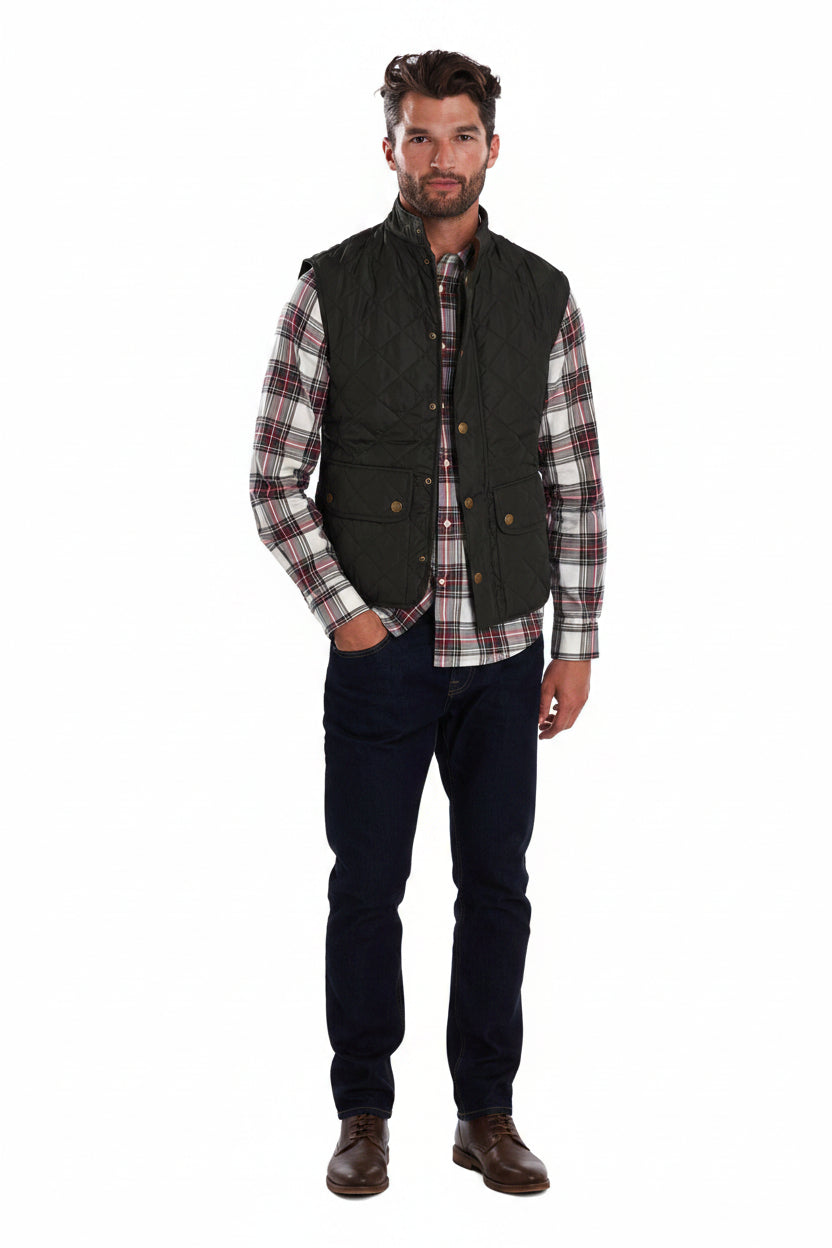 Men's quilted gilet vest, dark button front, stand collar, two chest pockets