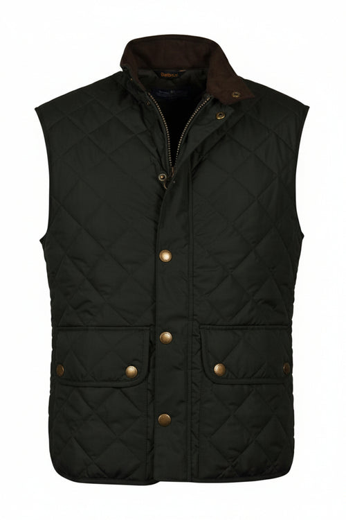 Men's quilted gilet vest, dark front placket with snap buttons, pockets, stand collar